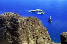 Bird Man Island and Polynesian carvings at Rapa Nui, Easter Island