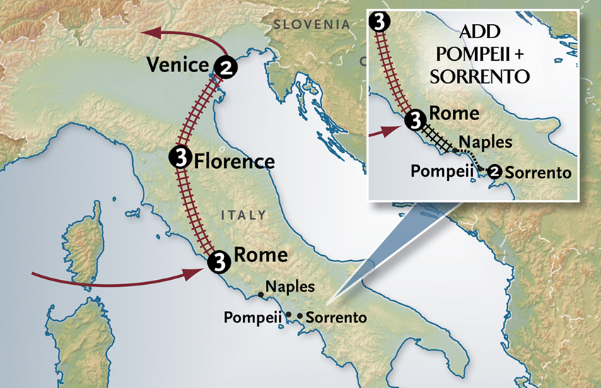 Italy by Rail with Privately Guided Sightseeing Itinerary Map